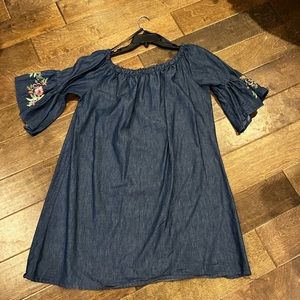 Spring fall denim dress with floral embroidery